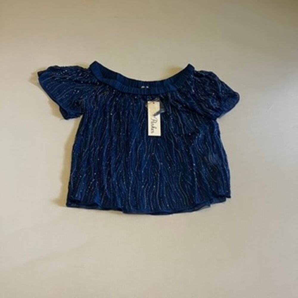 Parker Cobalt Blue Beaded & Sequined Off-the-Shoulder Silk Chiffon Blouse S